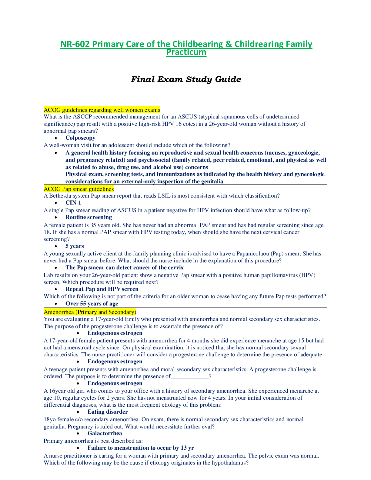 Preview image for NR602 / NR-602 Final Exam Study Guide (Latest): Primary Care of the Childbearing & Childrearing Family Practicum - Chamberlain